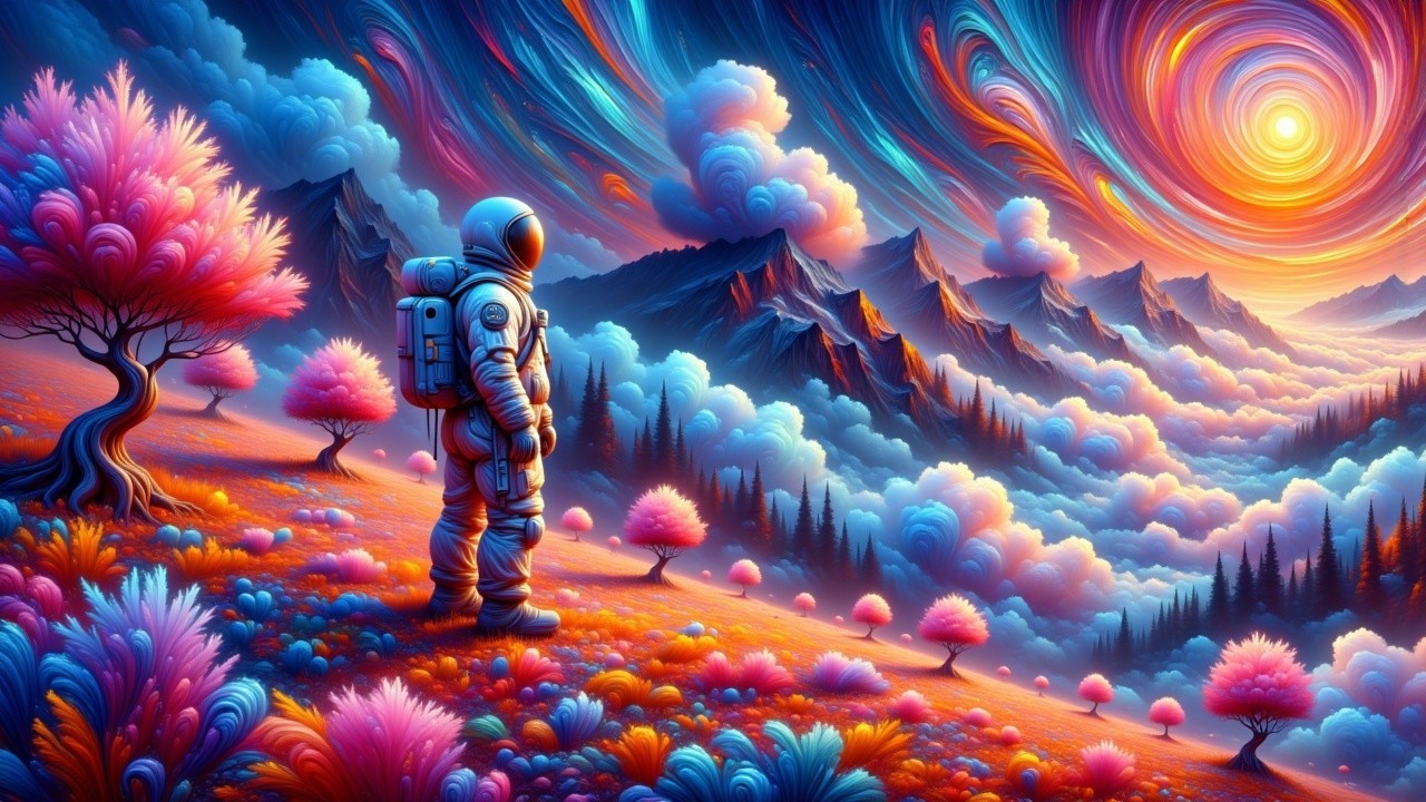 Astronaut in Surreal Landscape with Vivid Sky and Trees