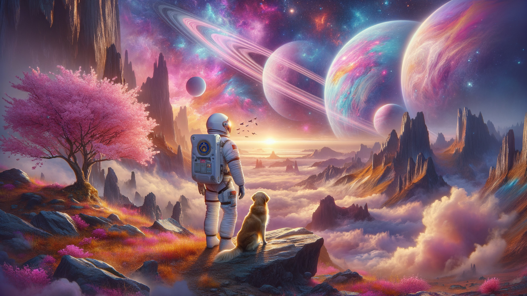 Astronaut and Dog Overlooking Cosmic Landscape