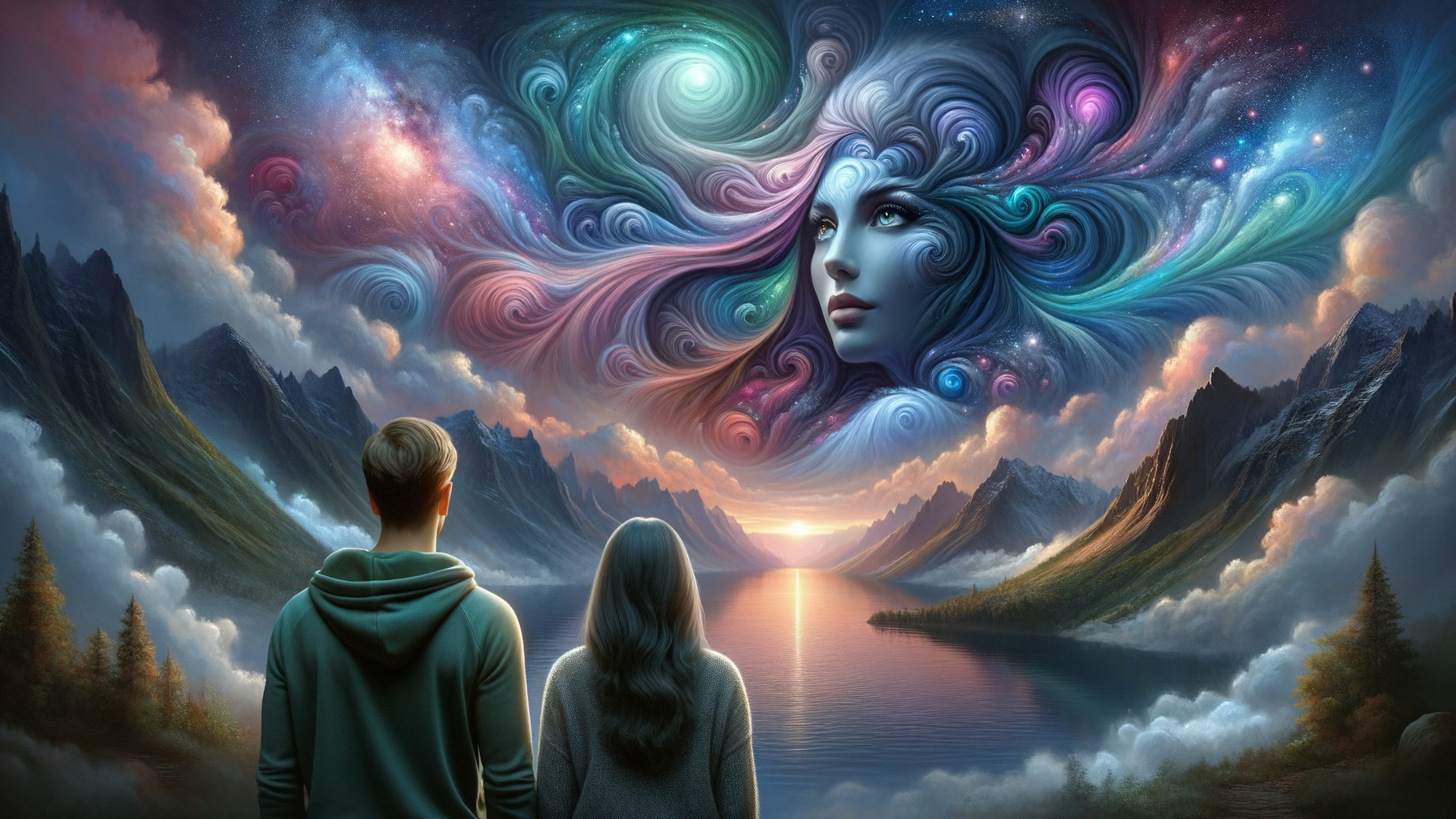Figures in a Vibrant Cosmic Landscape with Reflections