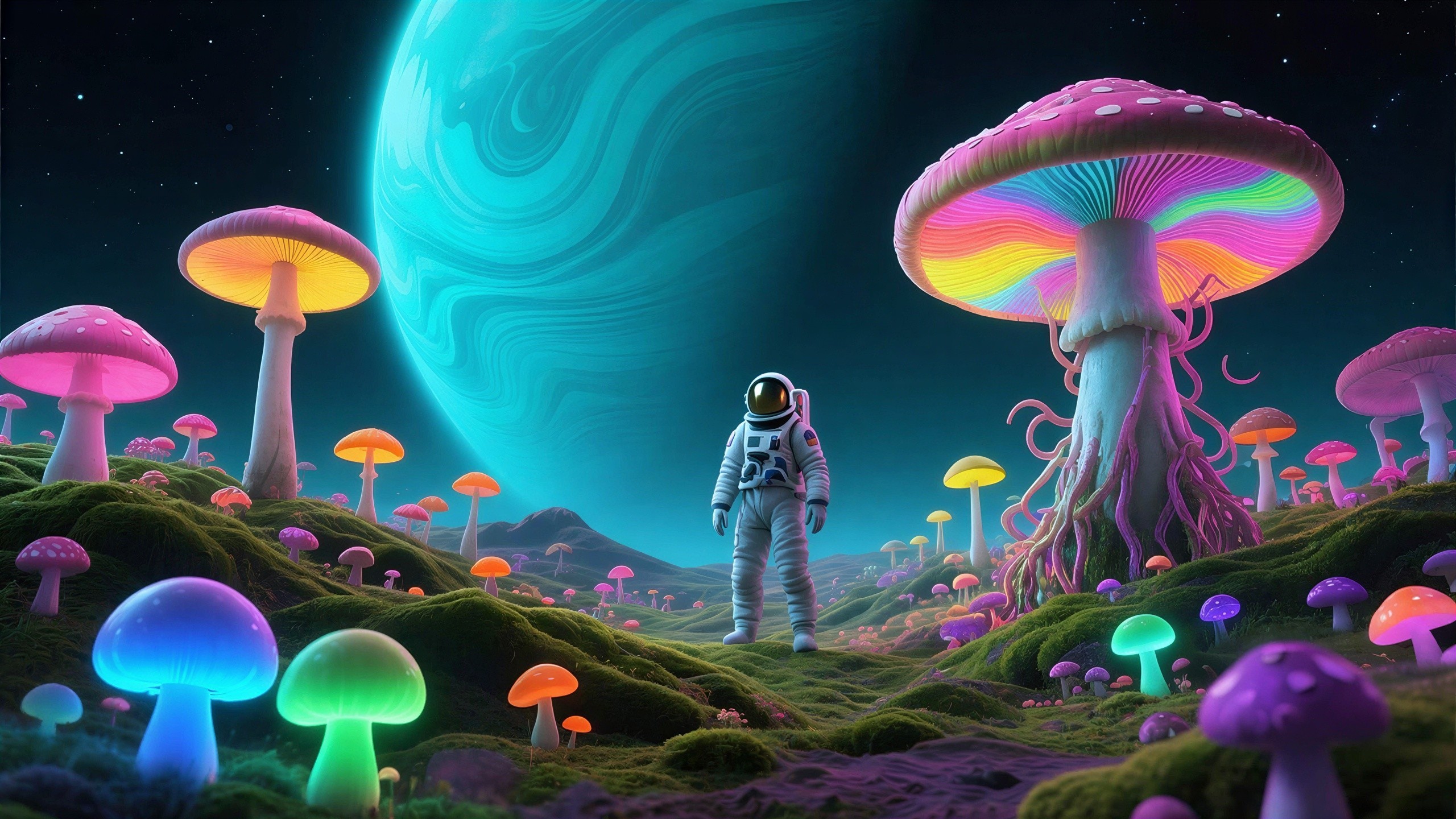 Astronaut on a Colorful Alien Landscape with Mushrooms