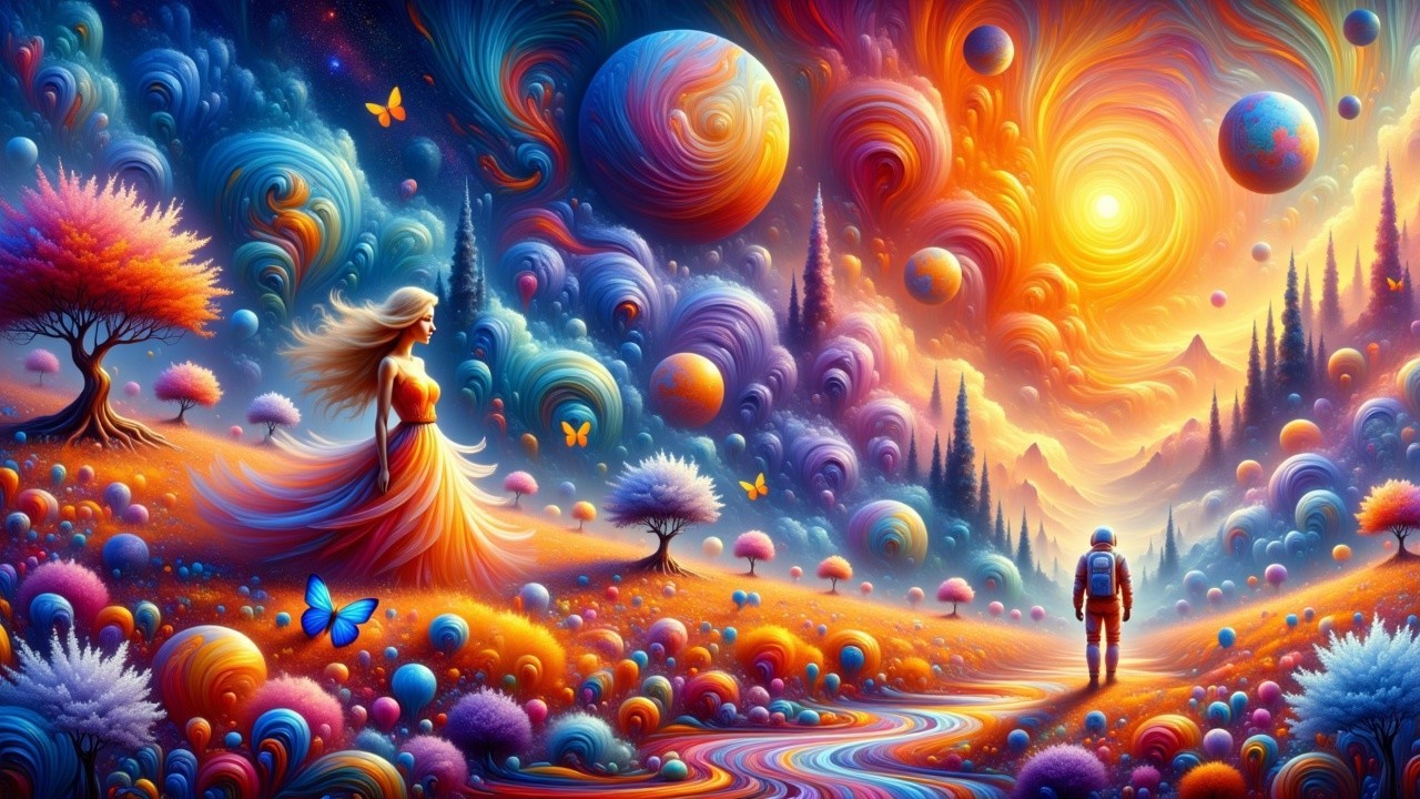 Surreal Landscape with Astronaut and Ethereal Woman