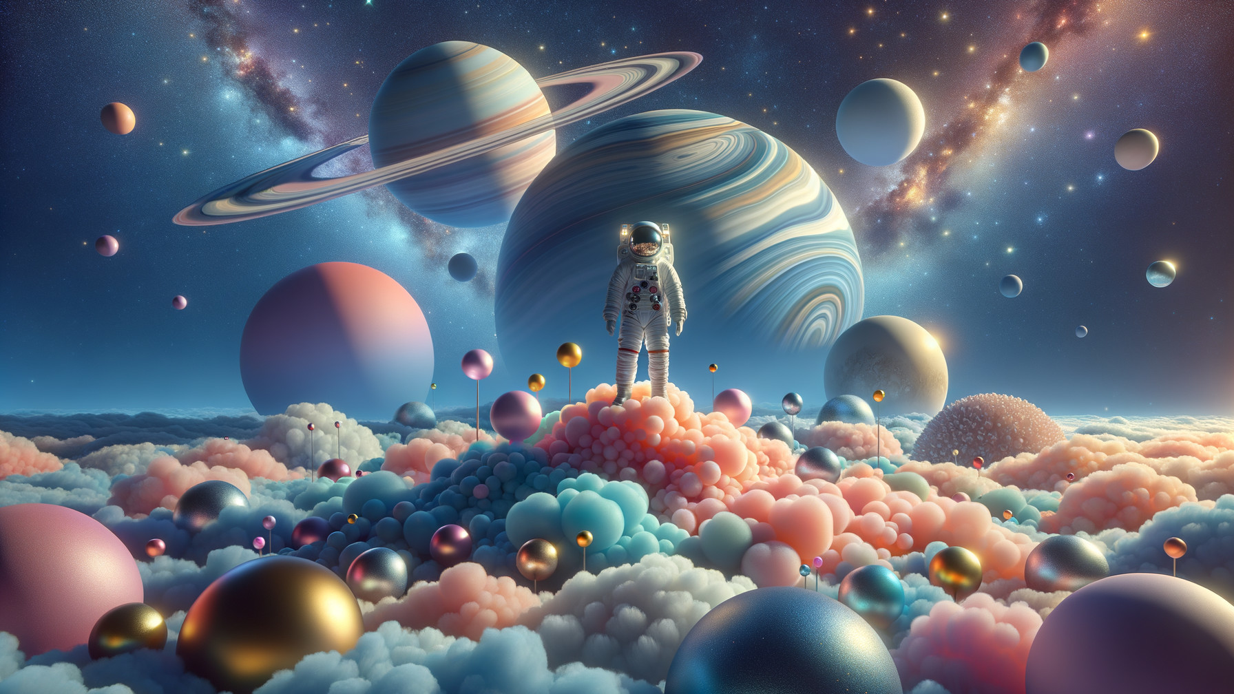 Astronaut on Colorful Clouds in Cosmic Landscape