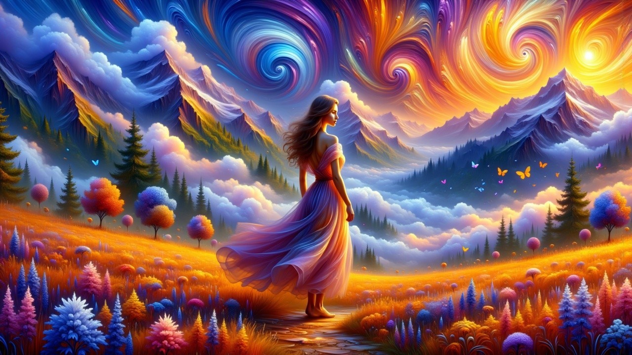 Vibrant Landscape with Woman and Majestic Mountains