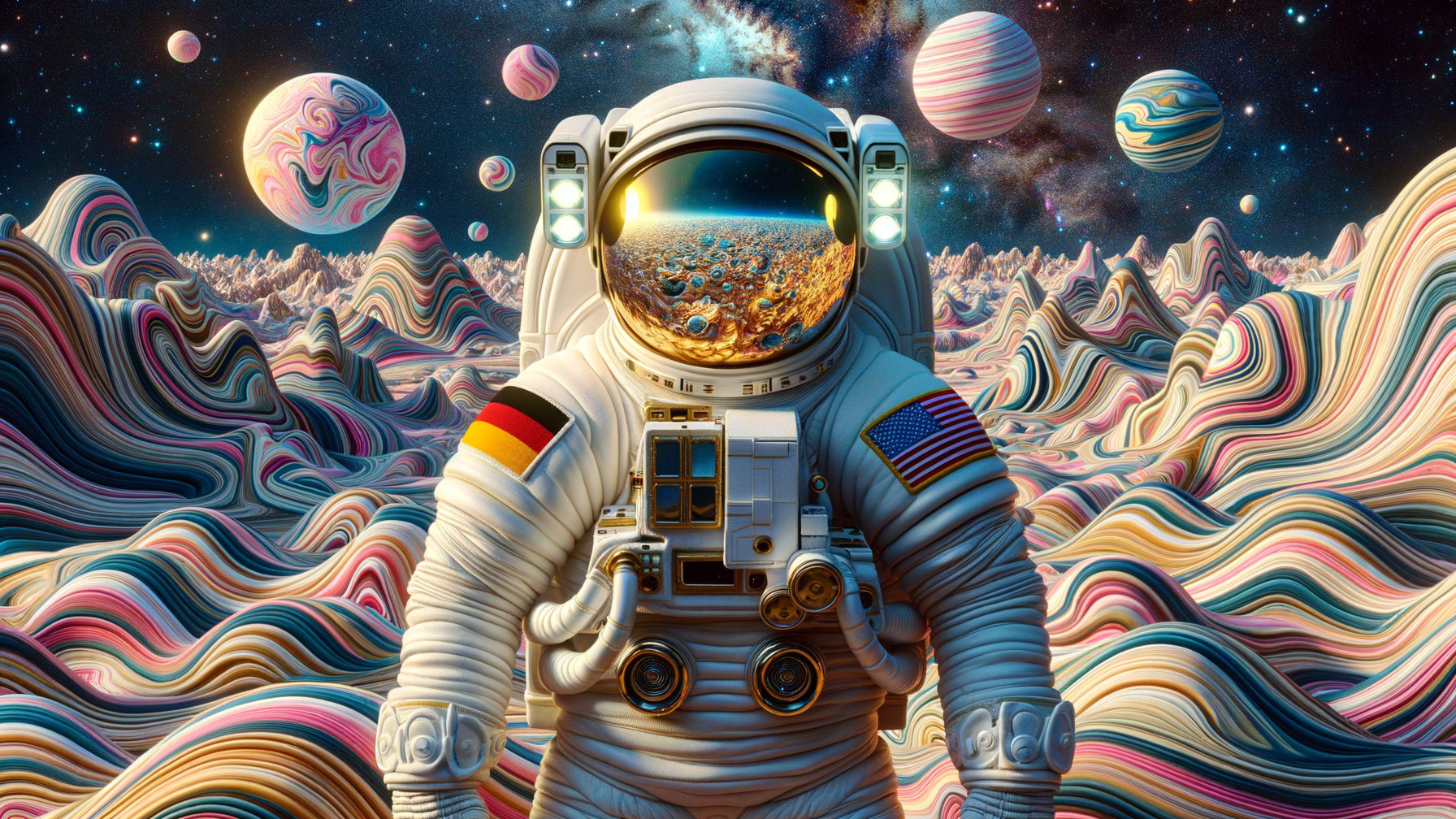 Astronaut with Flags and Psychedelic Mountain Landscape