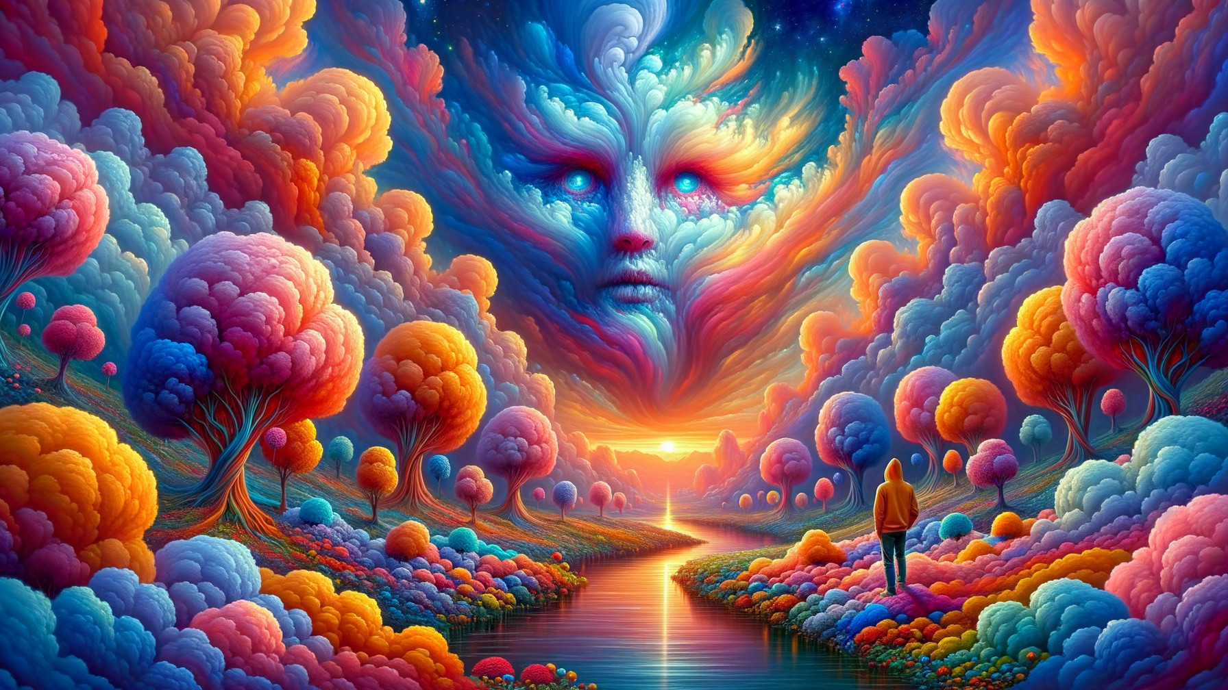 Surreal Landscape with Colorful Trees and Mystical Sky