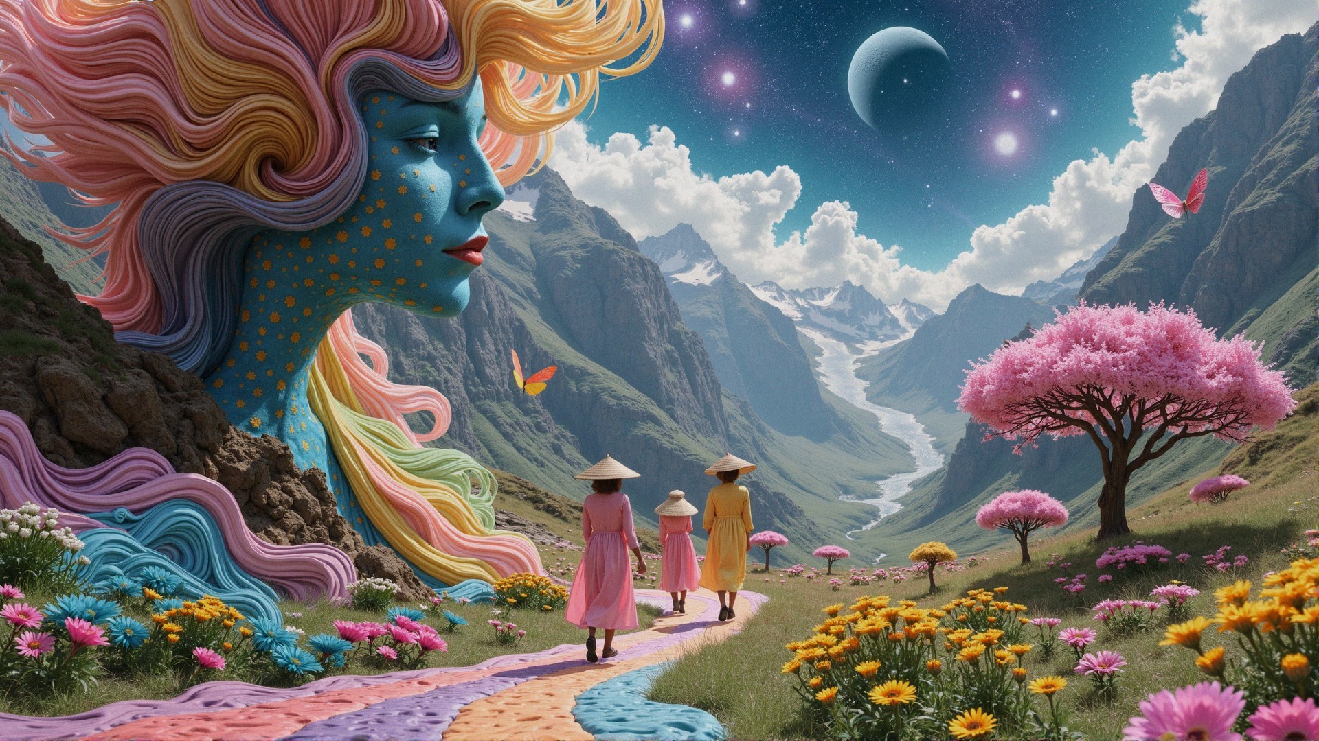 Vibrant Landscape with Woman's Face and Nature Elements