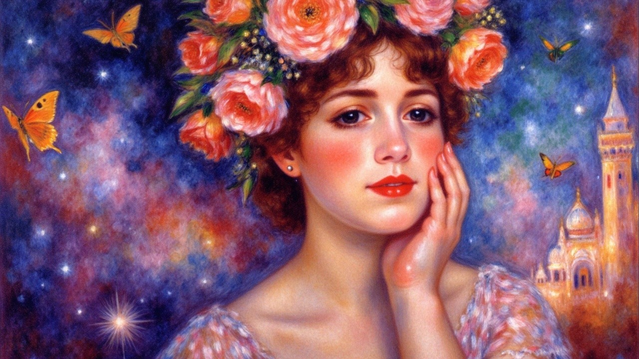 Ethereal Woman with Floral Crown in Dreamlike Setting