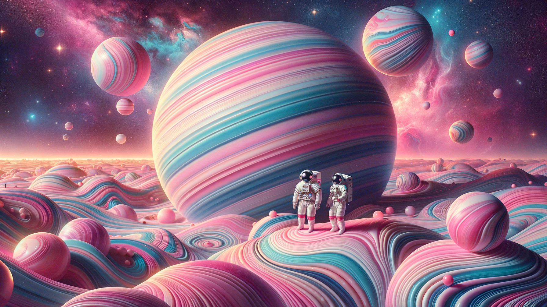 Astronauts on a pastel cosmic landscape with planets
