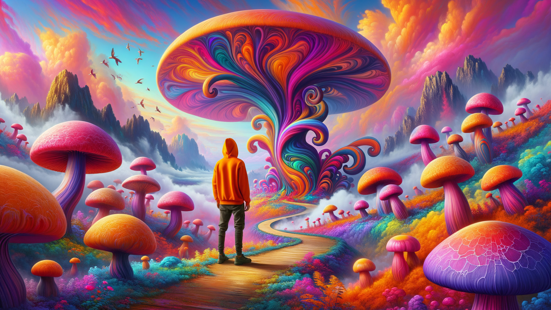 Vibrant landscape with swirling mushrooms and mountains
