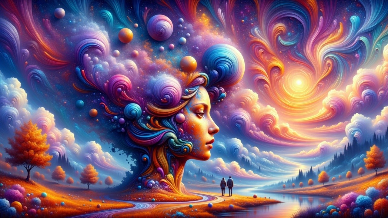 Surreal Landscape with Cosmic Elements and Figures