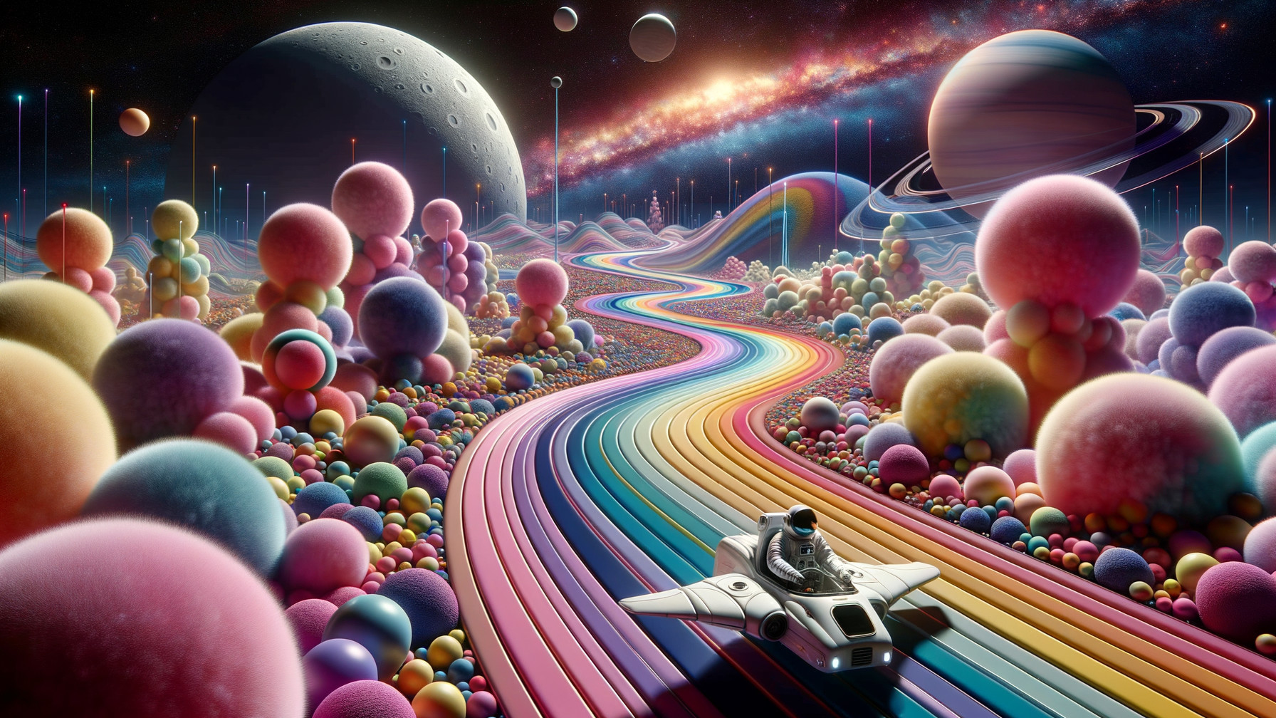 Whimsical Cosmic Landscape with Colorful Path and Spheres