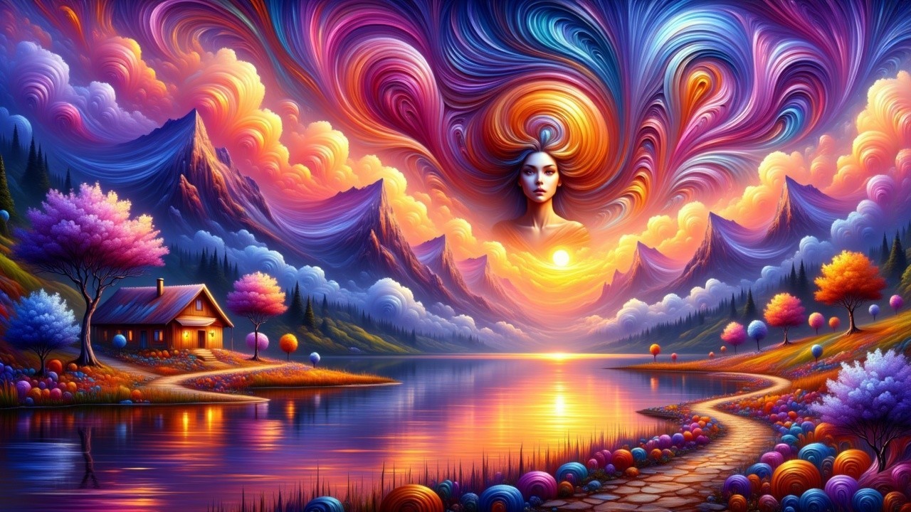 Vibrant Dreamlike Landscape with Serene Lake and Cottage