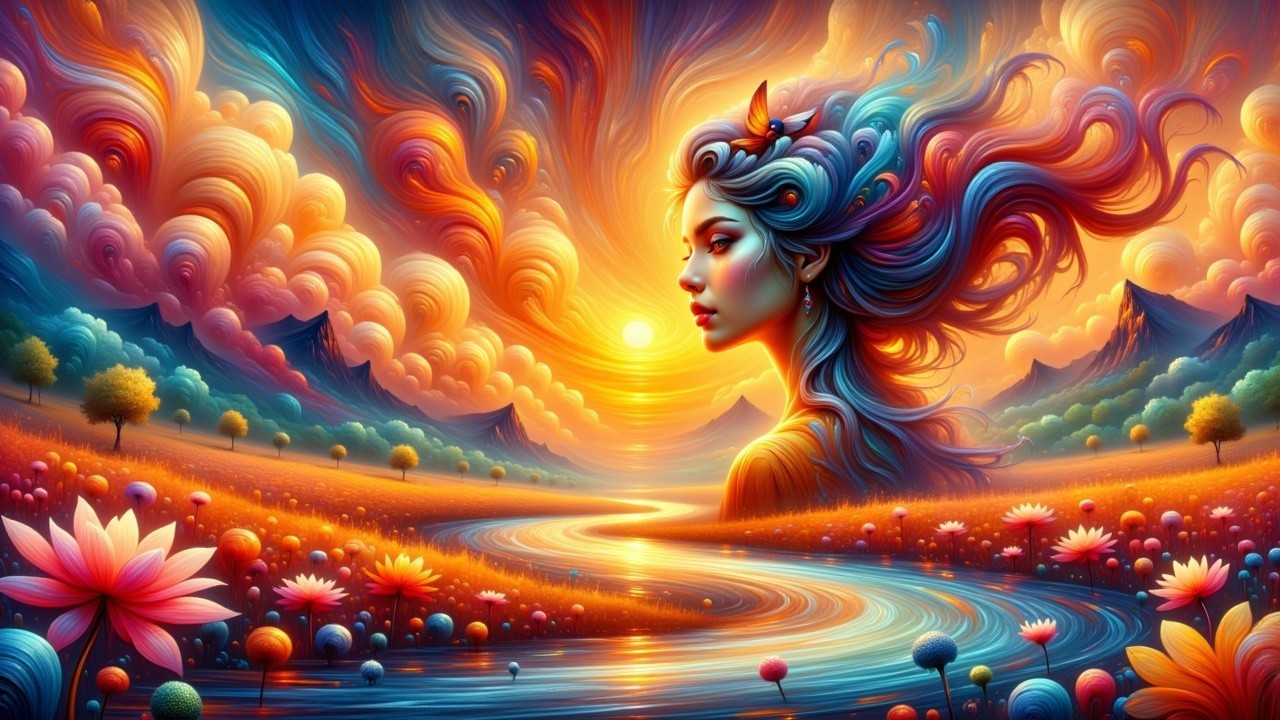 Surreal Landscape with Colorful Hair and Sunset