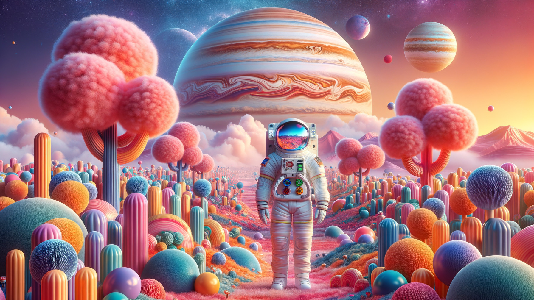 Whimsical Landscape with Astronaut and Colorful Trees