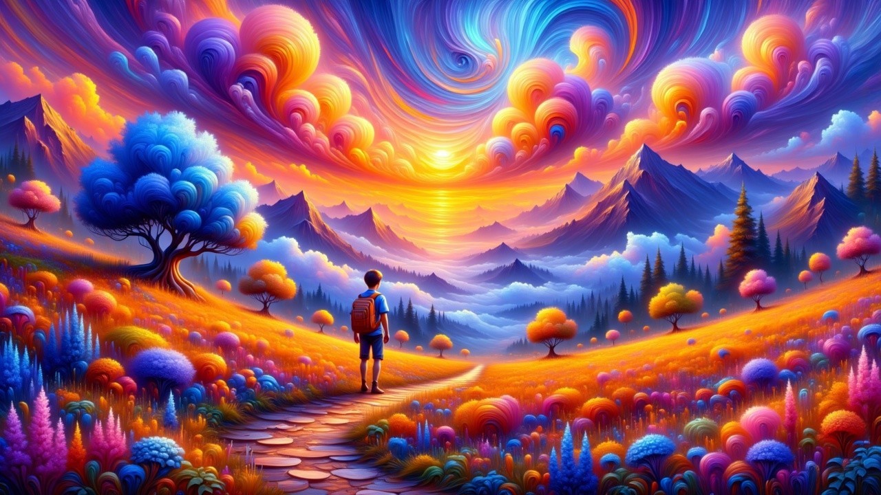 Vibrant Landscape with Young Traveler on Winding Path