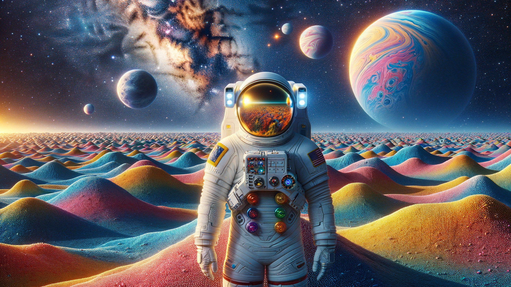 Astronaut on Psychedelic Alien Planet with Cosmic Background