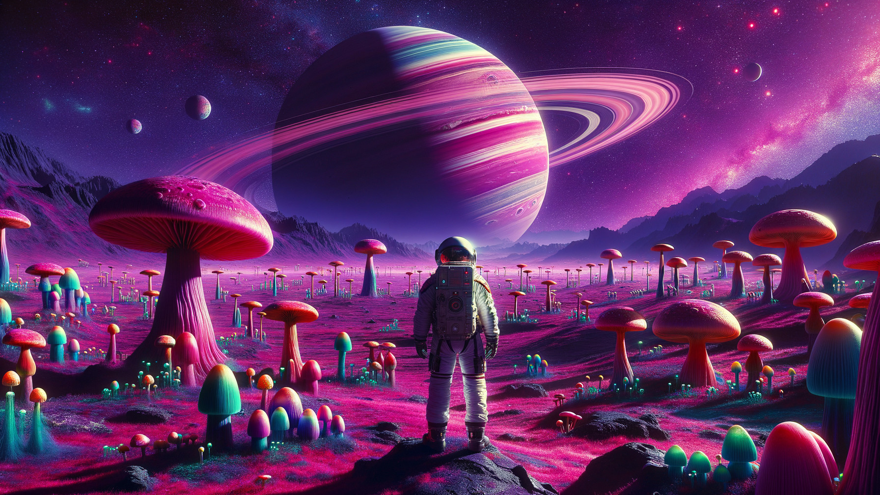 Astronaut on Rocky Mound with Colorful Planet and Mushrooms