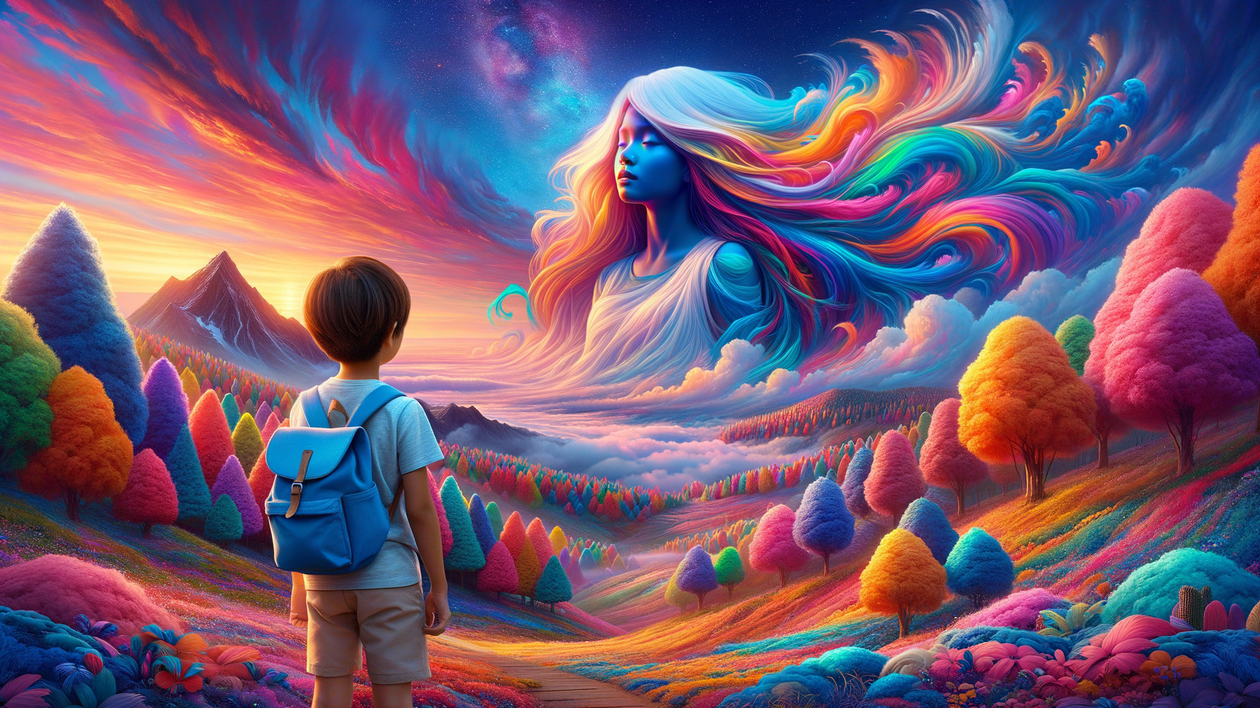 Young boy on colorful path under cosmic figure