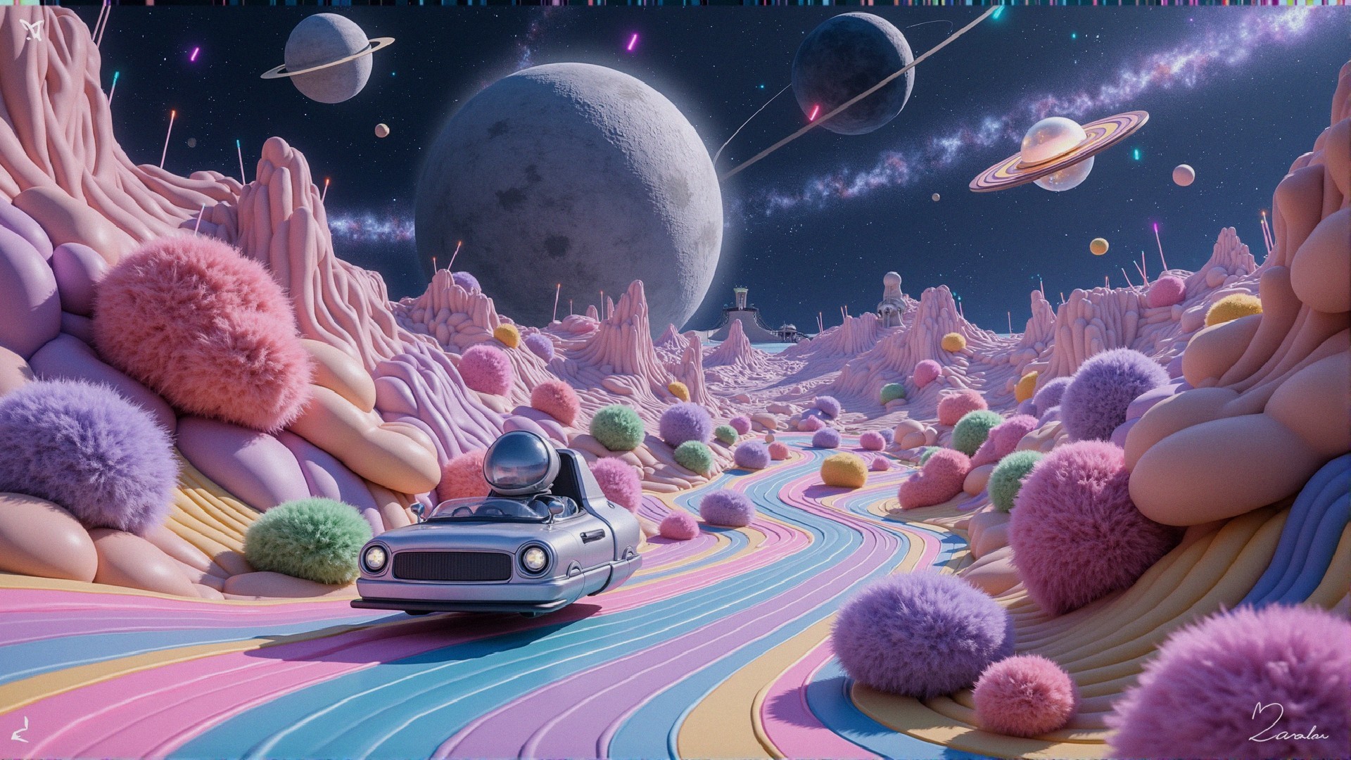 Whimsical Landscape with Pastel Hills and Retro Car