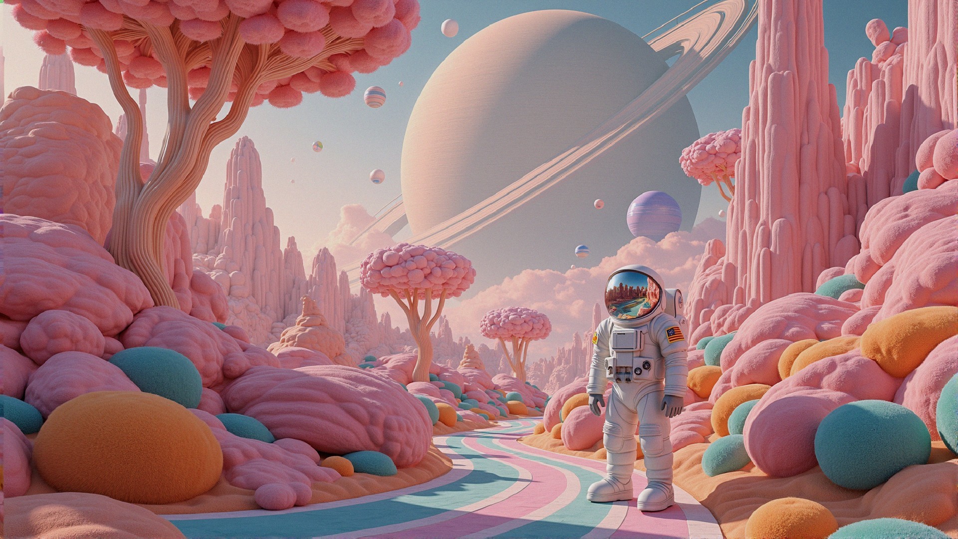 Surreal Landscape with Astronaut and Colorful Formations