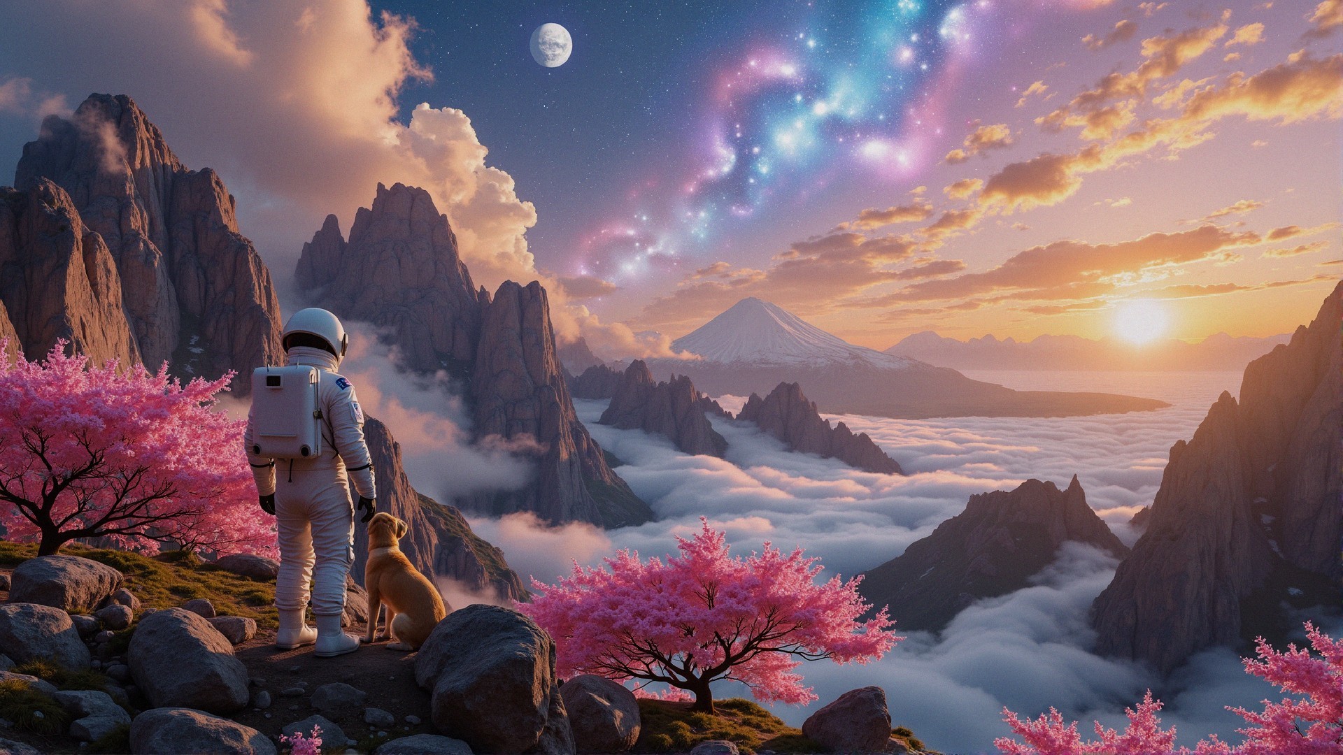 Astronaut and Dog in a Celestial Landscape with Fuji