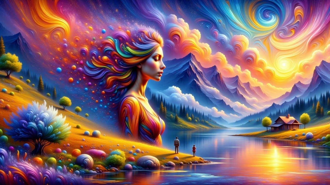 Surreal Landscape with Ethereal Woman and Majestic Mountains