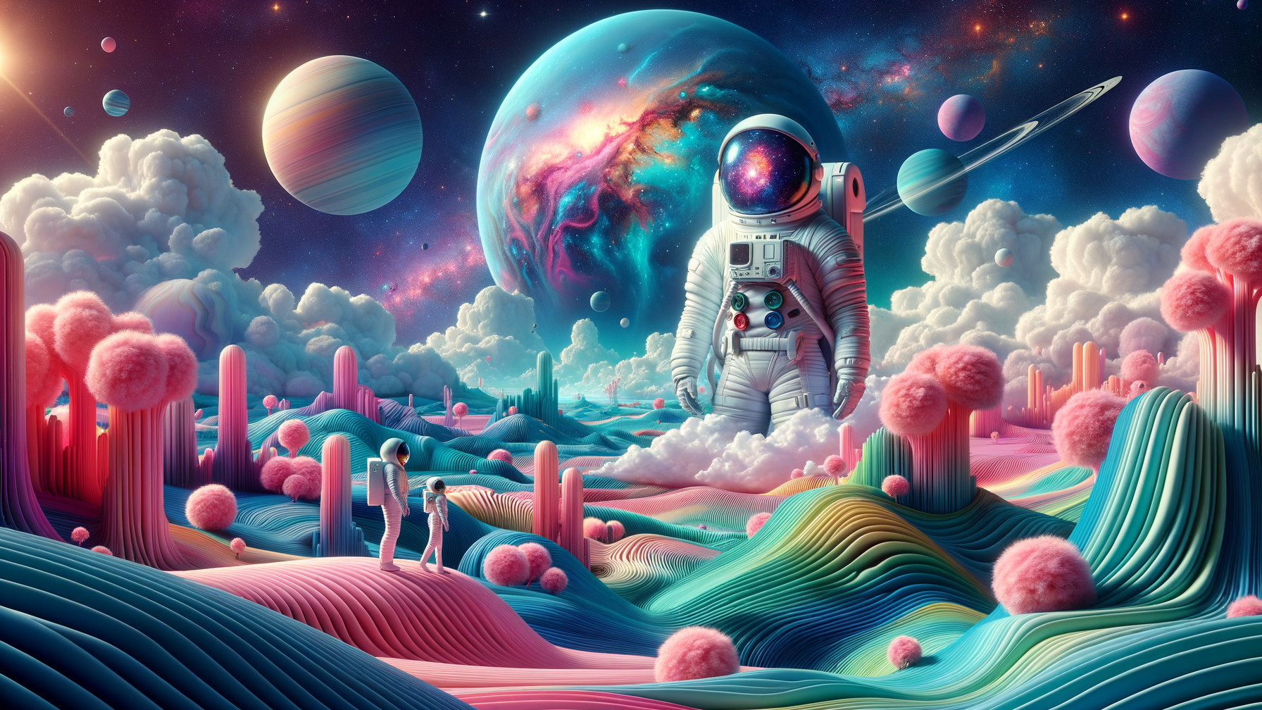 Astronaut in a Colorful Dreamlike Landscape Exploration