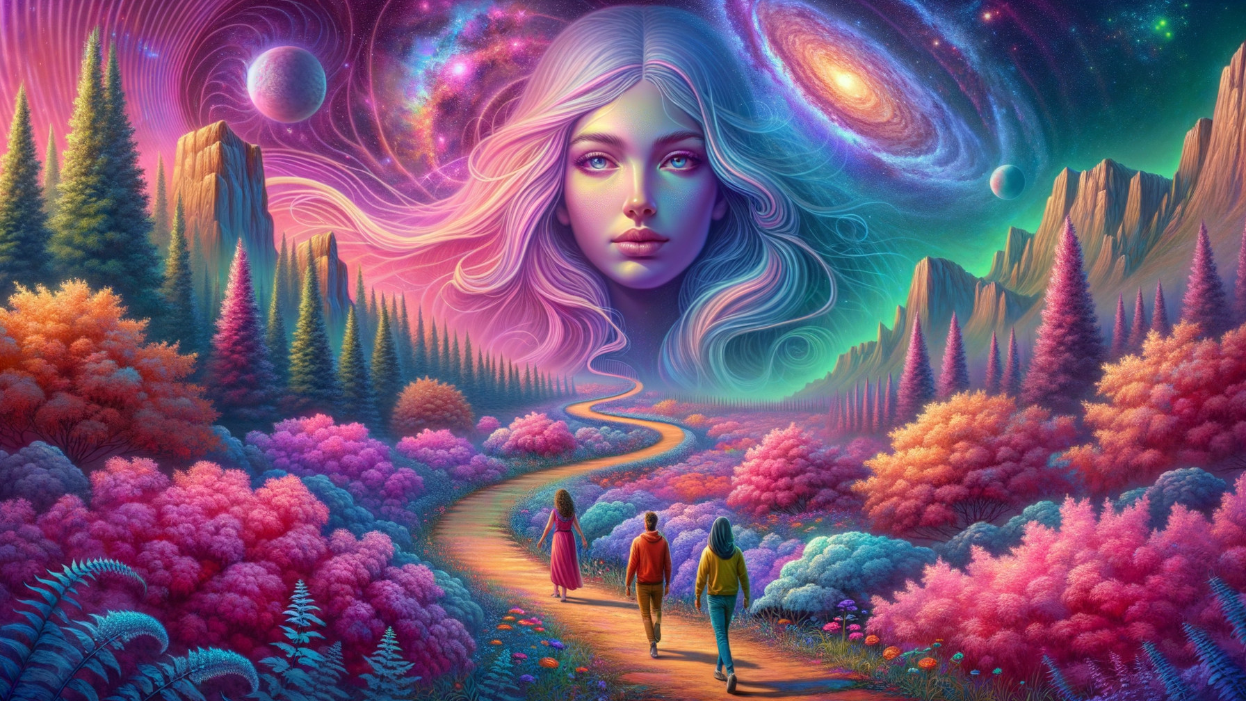 Vibrant Dreamlike Landscape with Cosmic Elements