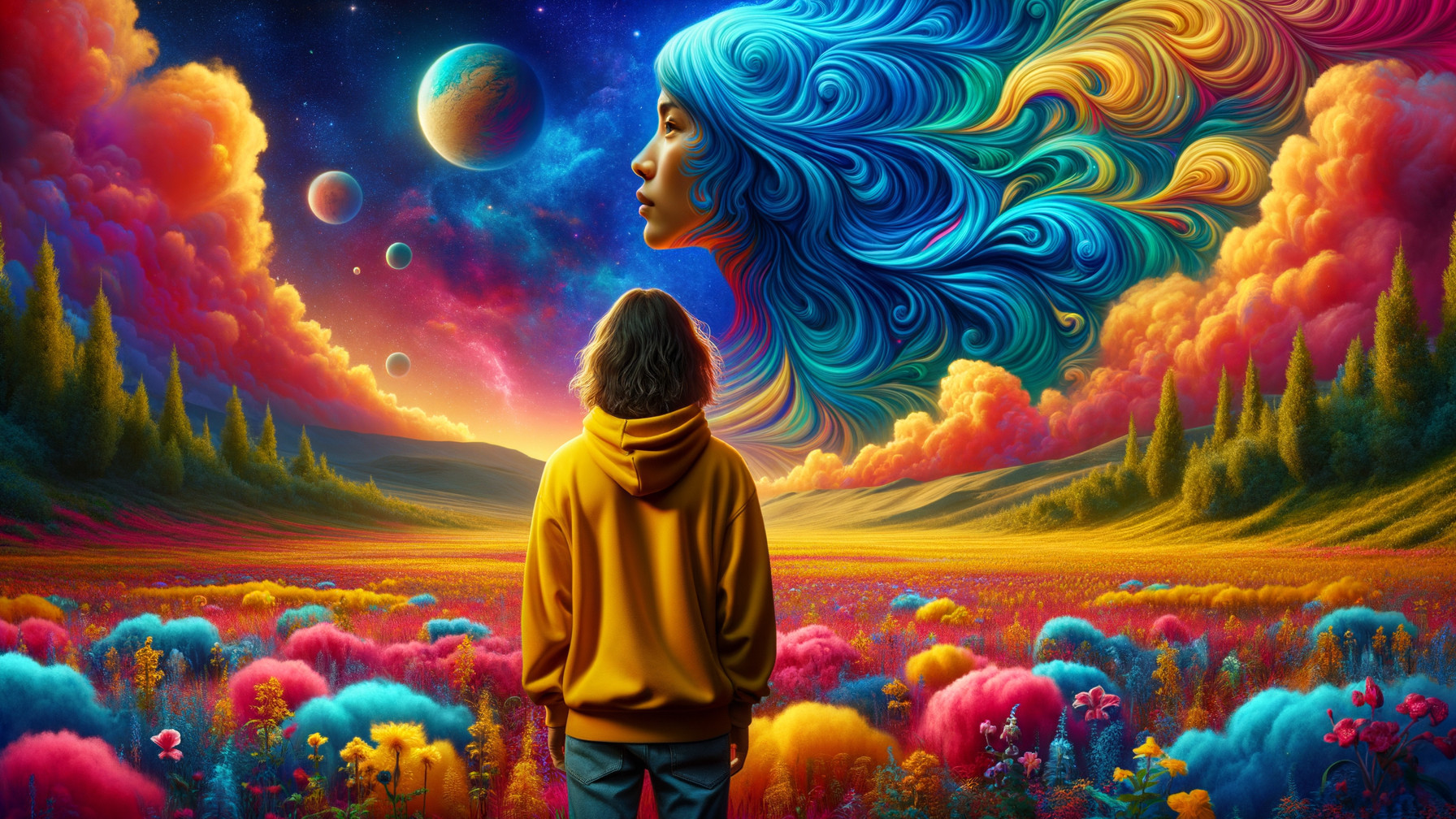 Surreal Landscape with Cosmic Elements and Figure