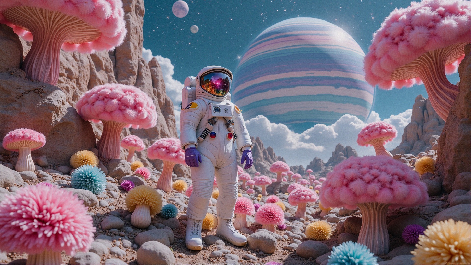 Astronaut in a Colorful Alien Landscape with Mushrooms