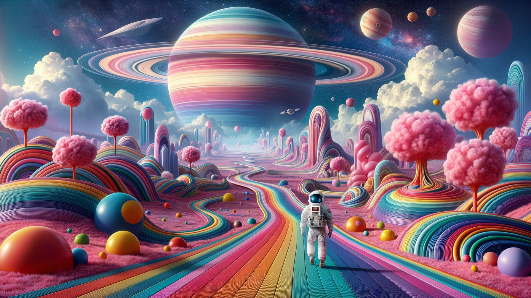 Surreal Landscape with Rainbow Path and Astronaut