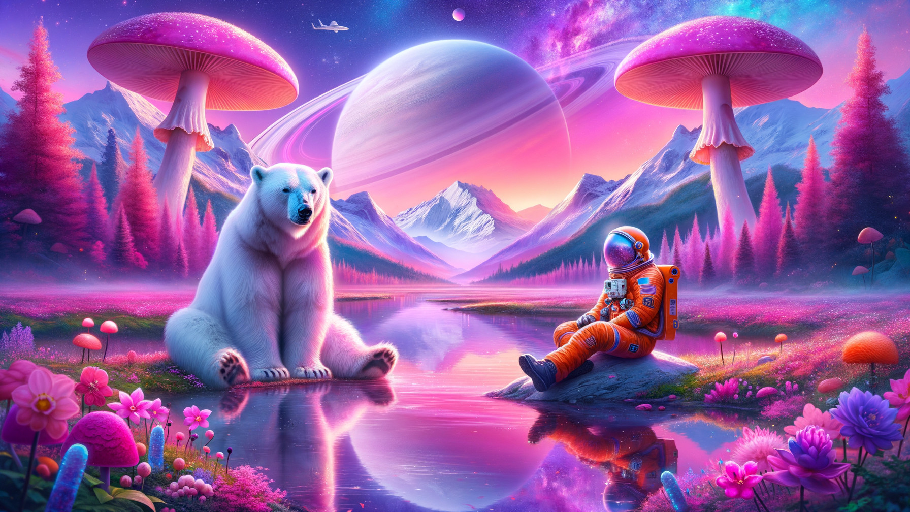 Surreal Landscape with White Bear and Astronaut