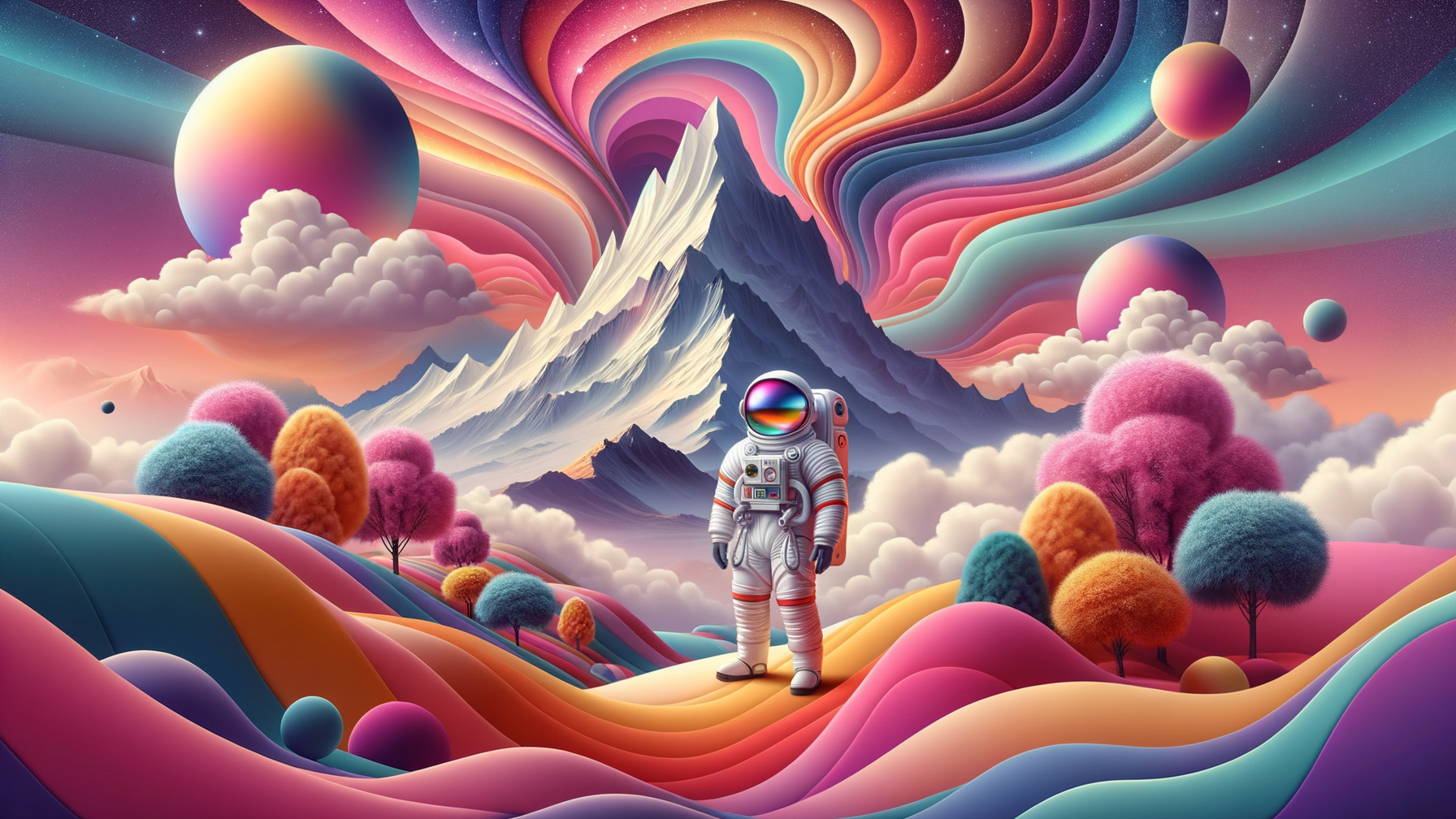 Surreal Landscape with Astronaut and Colorful Elements