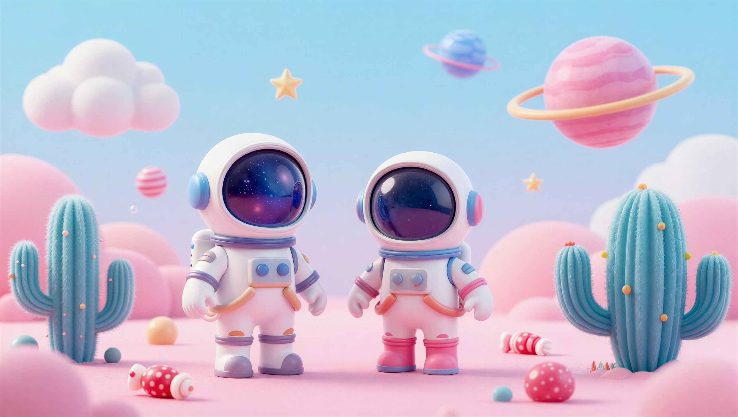 3D Astronauts on Pink Ground with Fluffy Hills