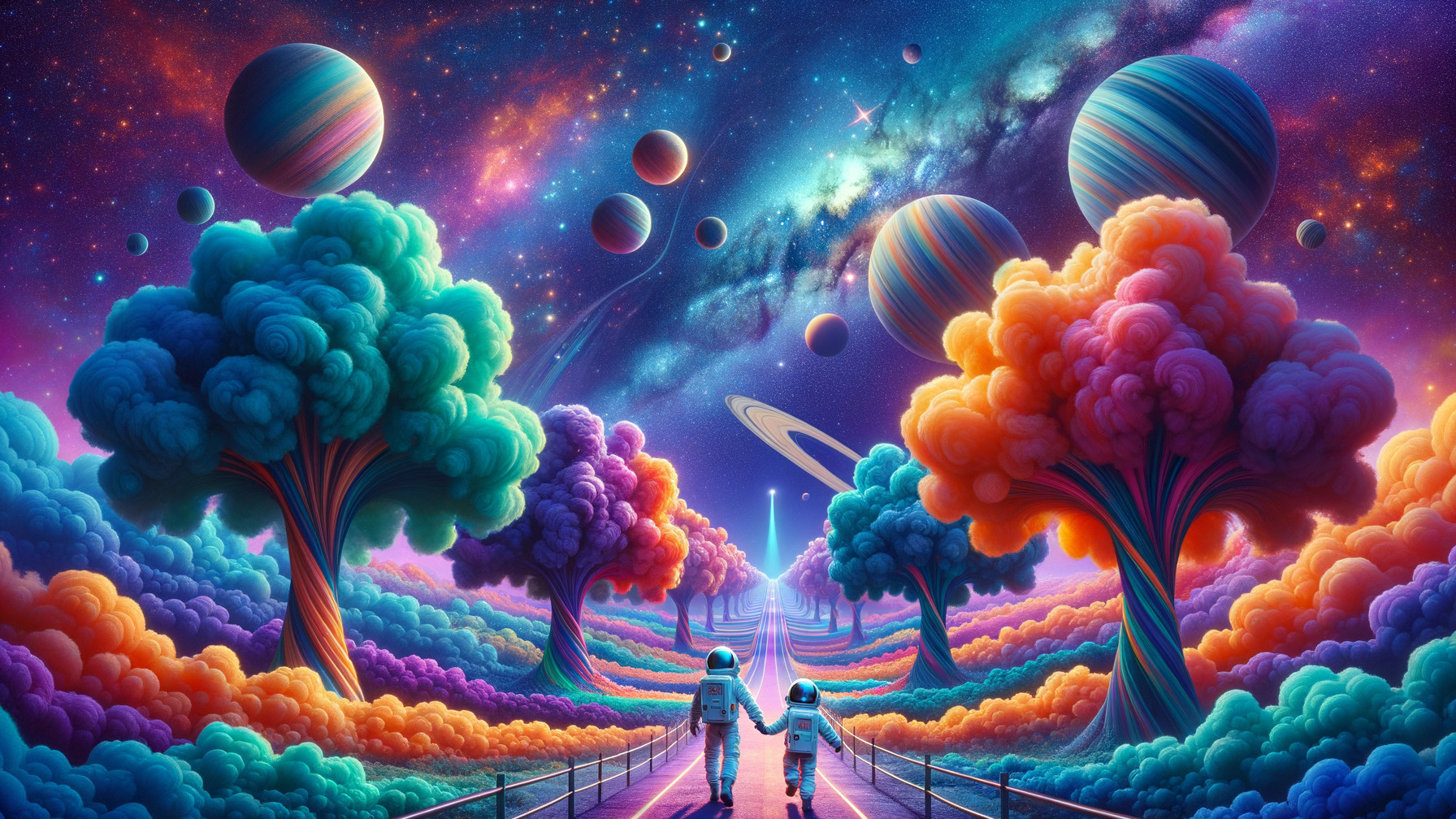 Astronauts on a colorful pathway in a cosmic landscape