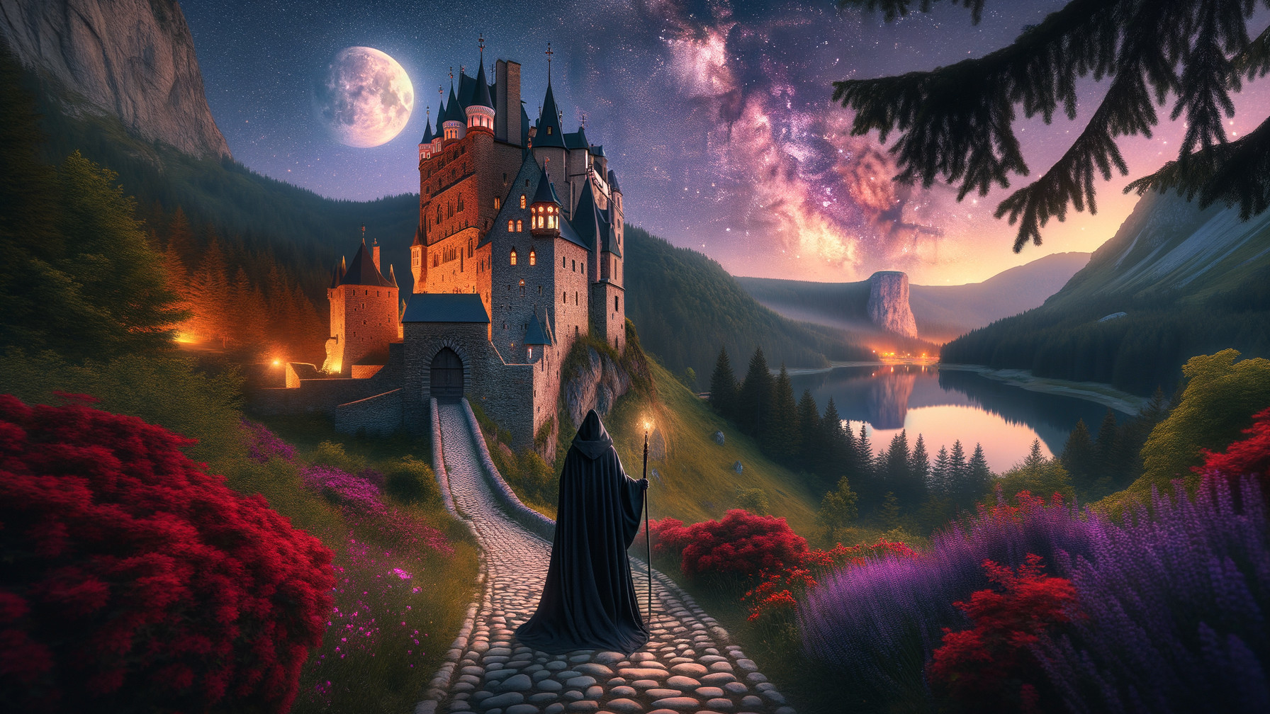 Dark Fantasy Wizard Walking Towards Glowing Castle