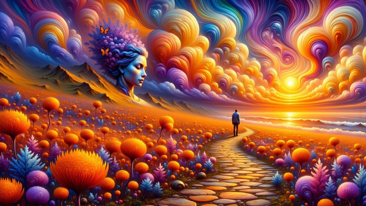 Surreal Landscape with Winding Pathway and Sunset