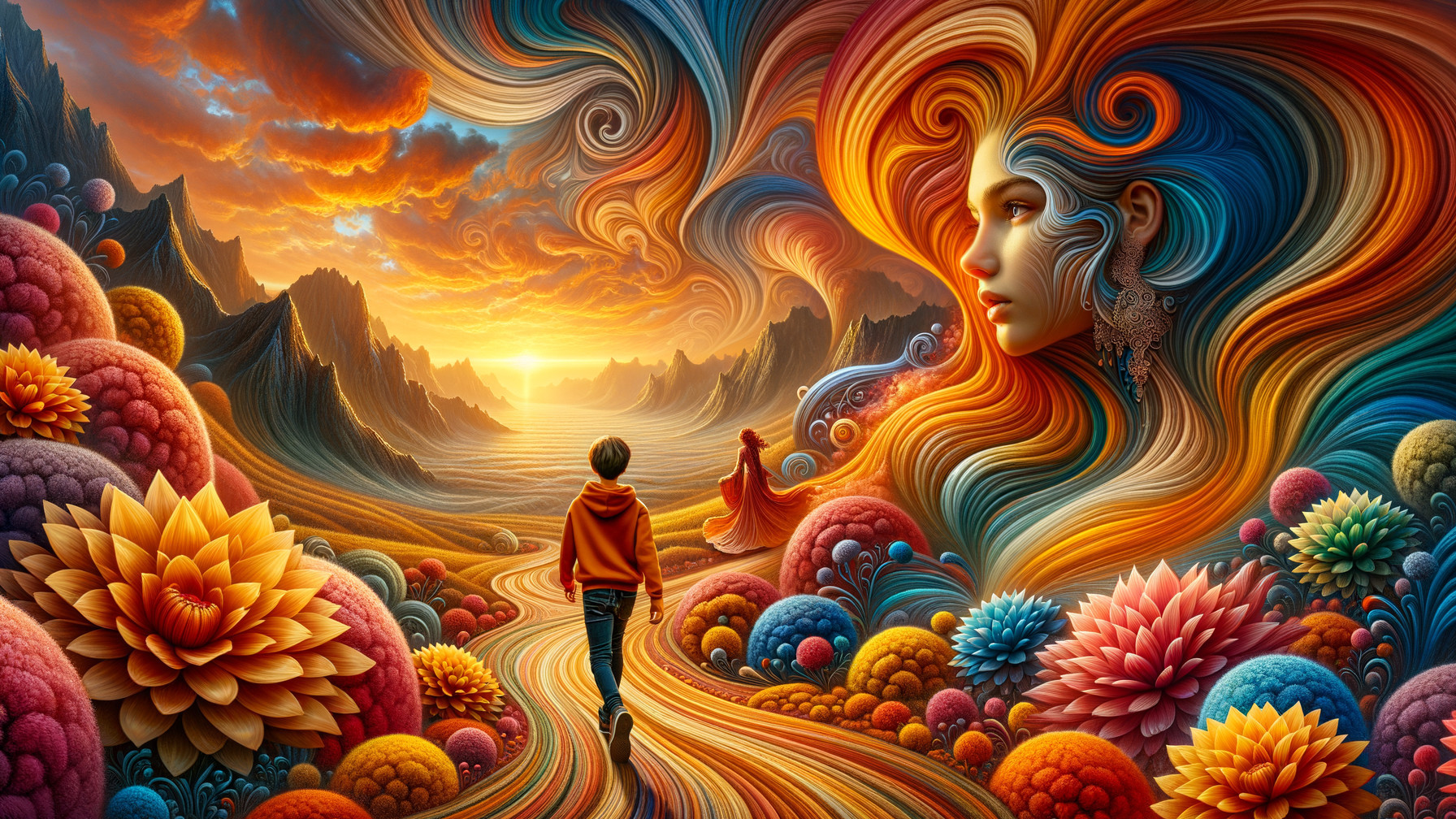 Surreal Landscape with Colorful Path and Flowers