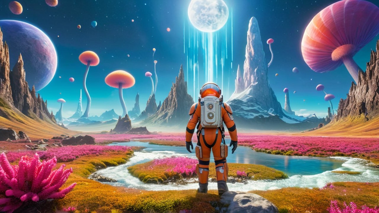 Astronaut on a vibrant alien landscape with flora and waterfalls