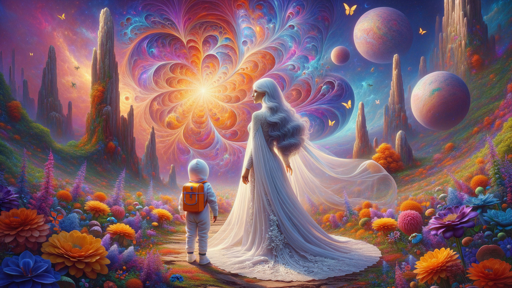 Surreal Landscape with Woman and Child in Space Suit