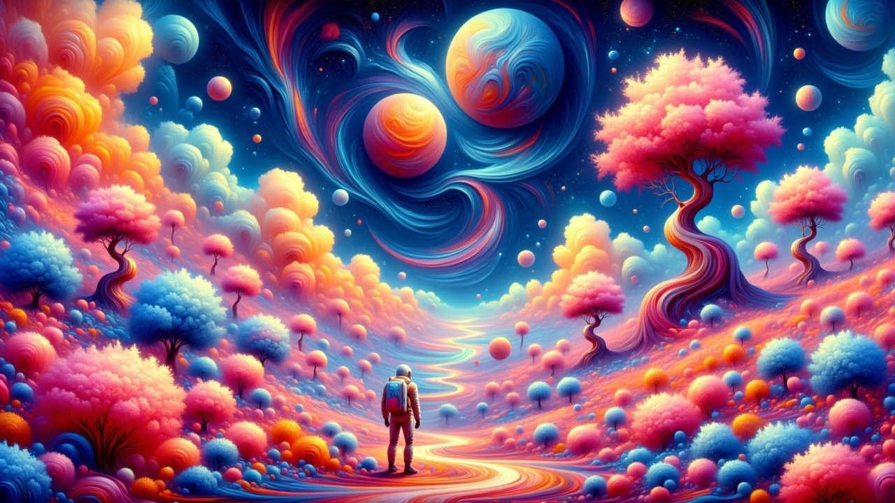 Vibrant Dreamlike Landscape Under Cosmic Sky