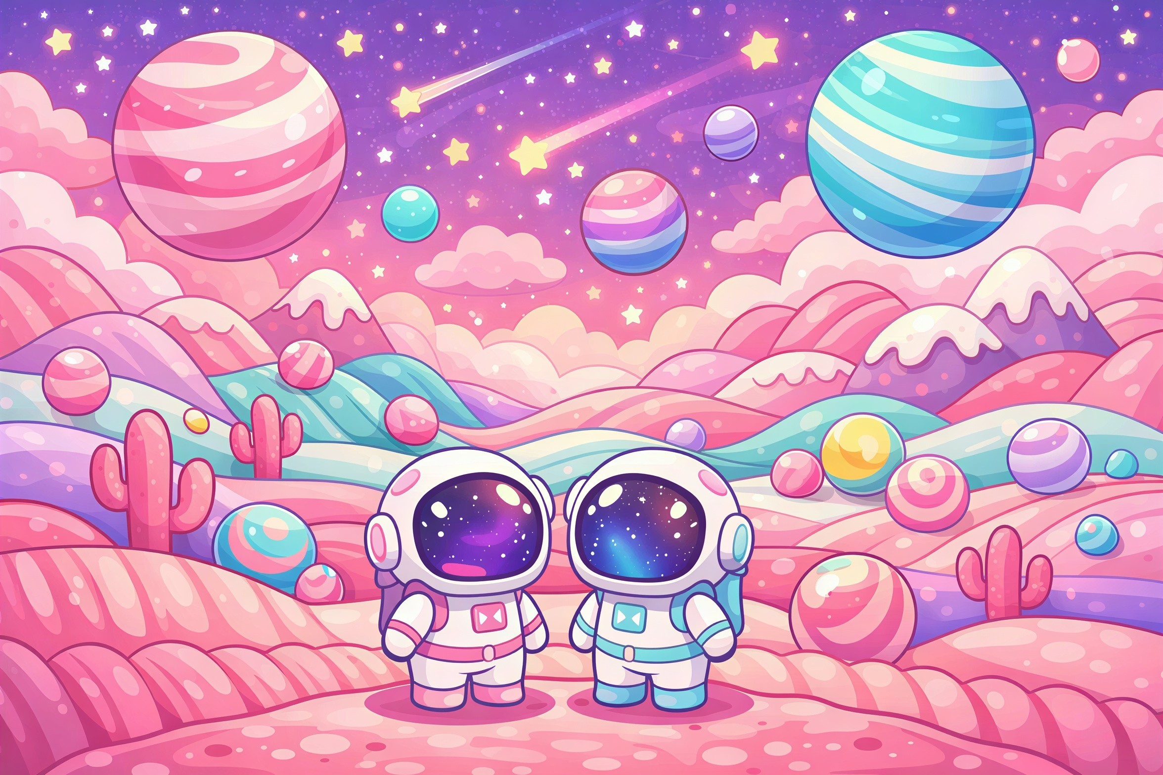 Whimsical Pastel Dreamscape with Cute Astronauts