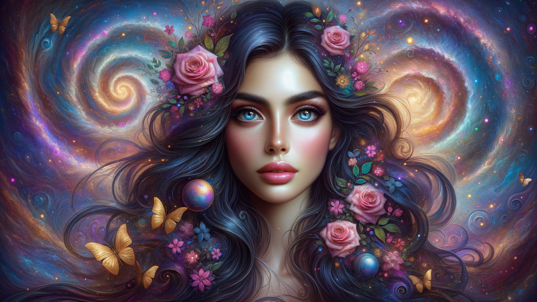 Mystical Portrait of a Young Woman with Cosmic Background