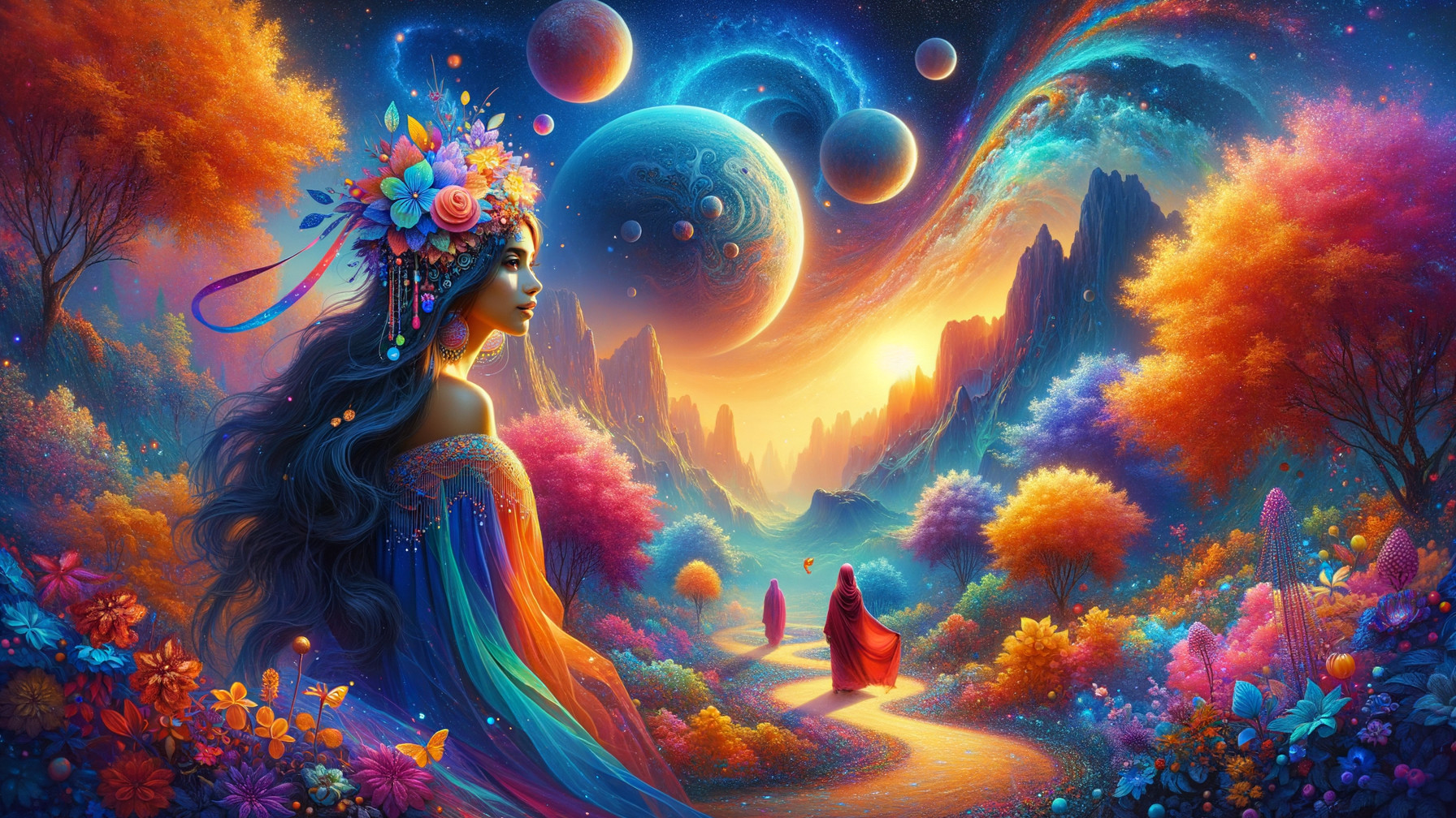 Woman in Flower Adornments in Cosmic Landscape