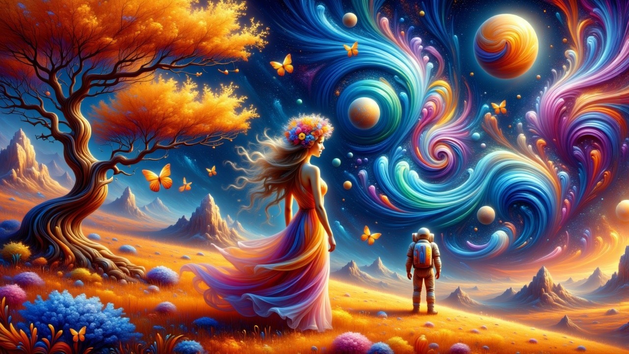 Surreal Landscape with Vibrant Sunset and Cosmic Elements
