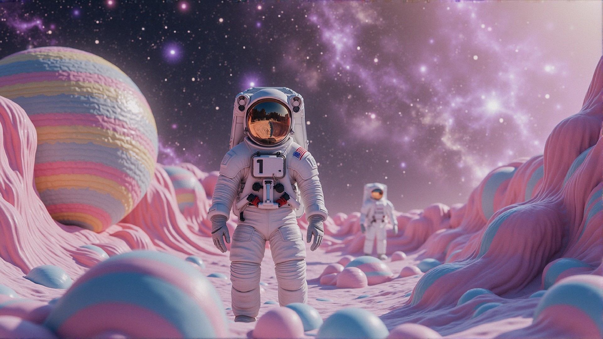 Astronauts on a pastel pink alien planet landscape