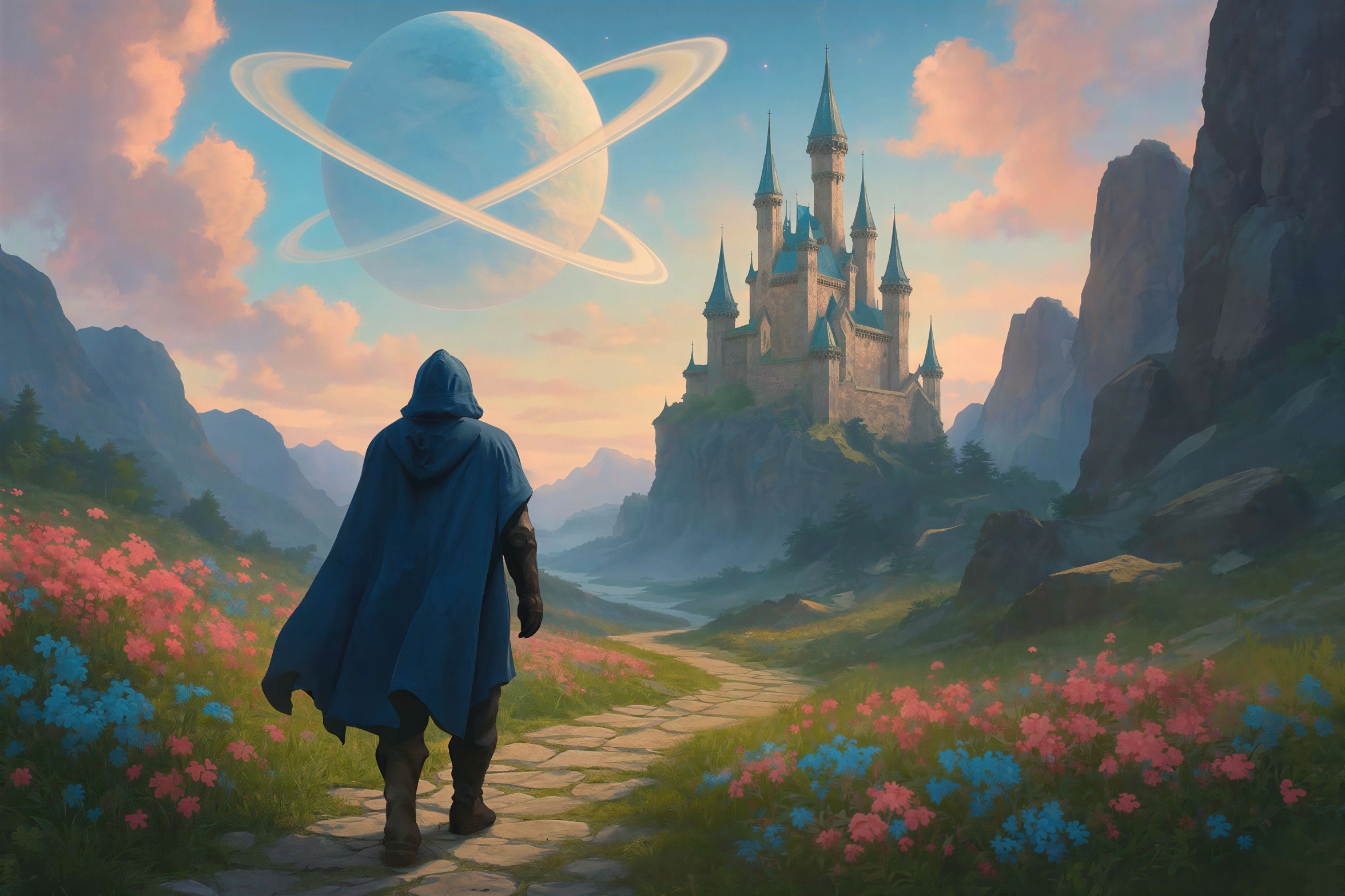 Hooded Figure Walking Toward Castle in Fantasy Landscape