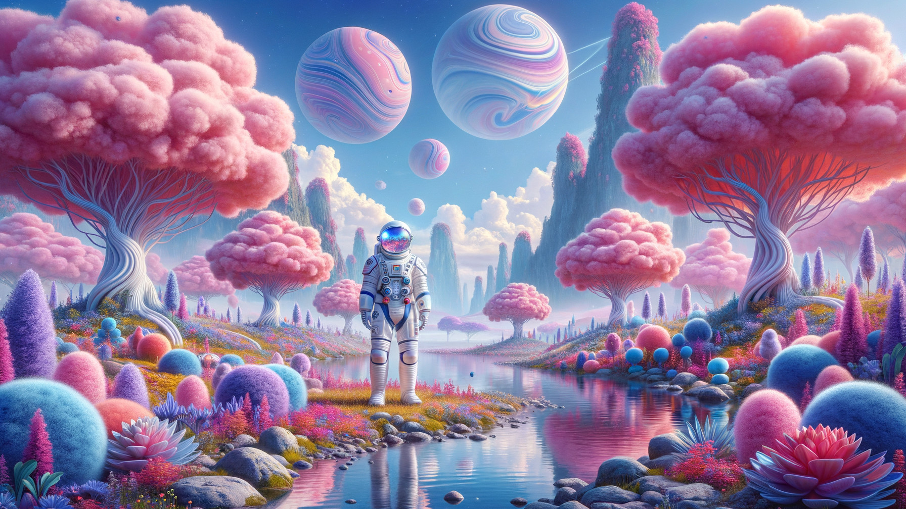 Whimsical Landscape with Astronaut and Vibrant Nature