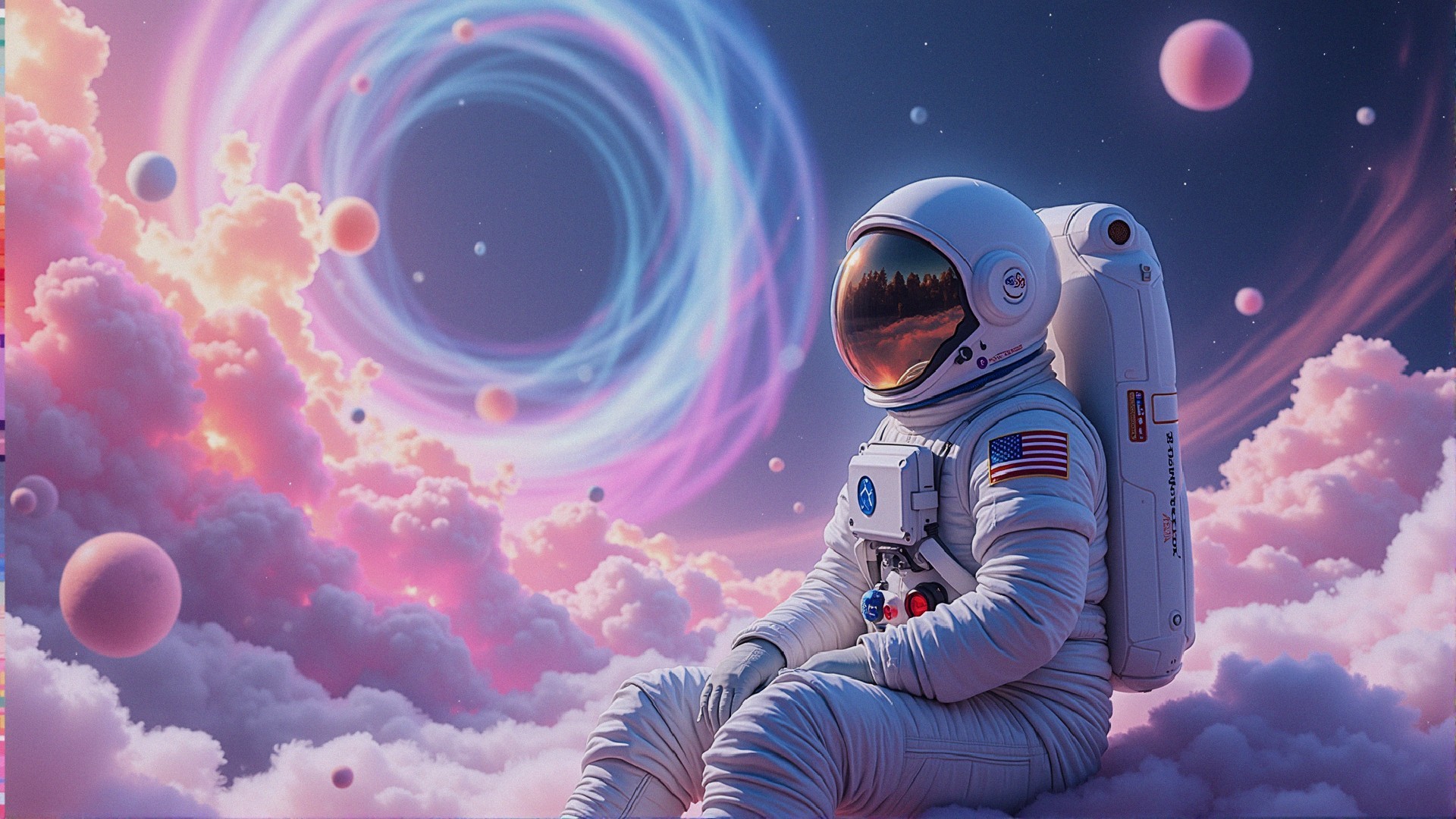 Astronaut in a surreal cosmic landscape with clouds