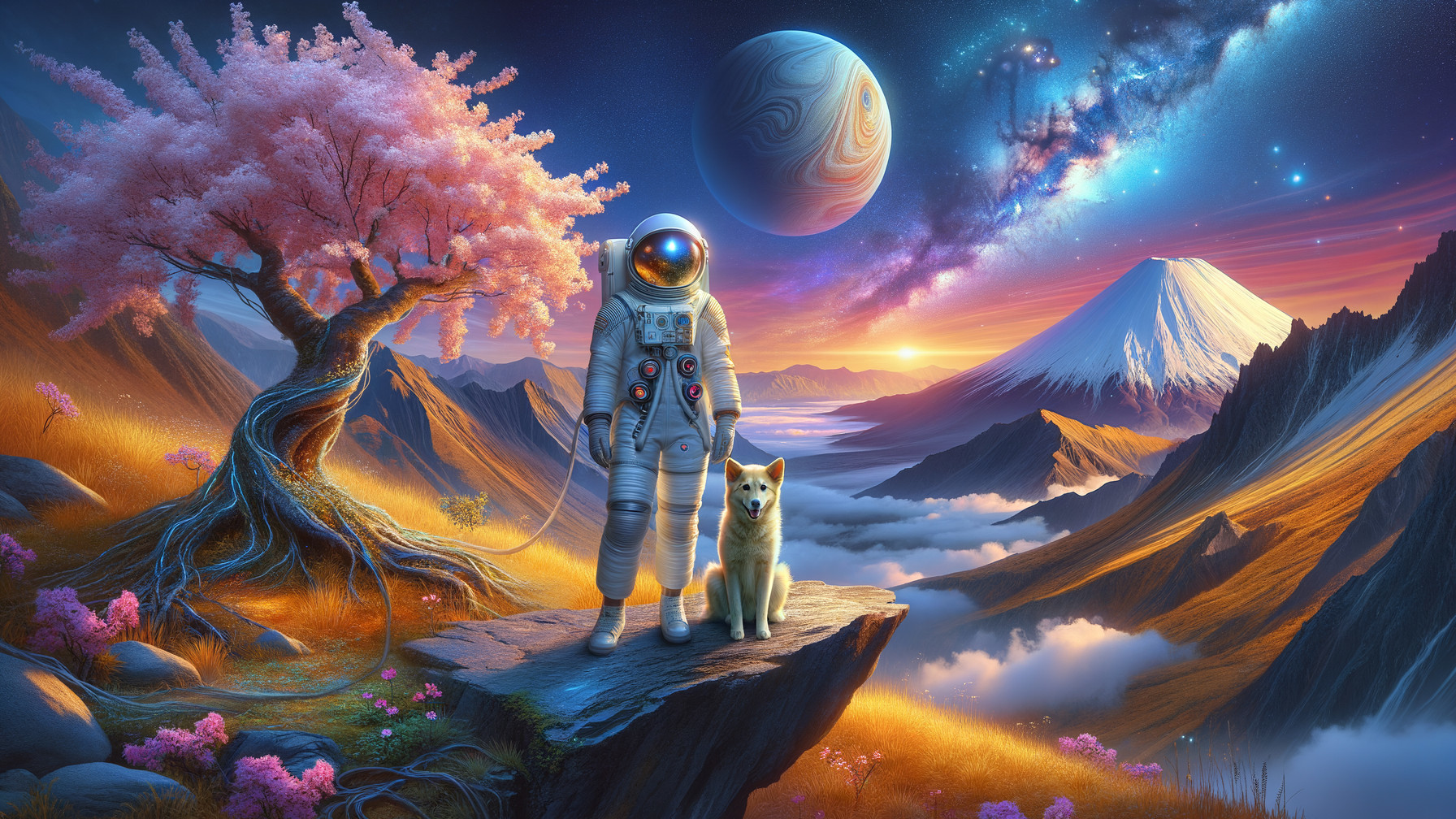 Astronaut and Dog in Alien Landscape with Gas Giant